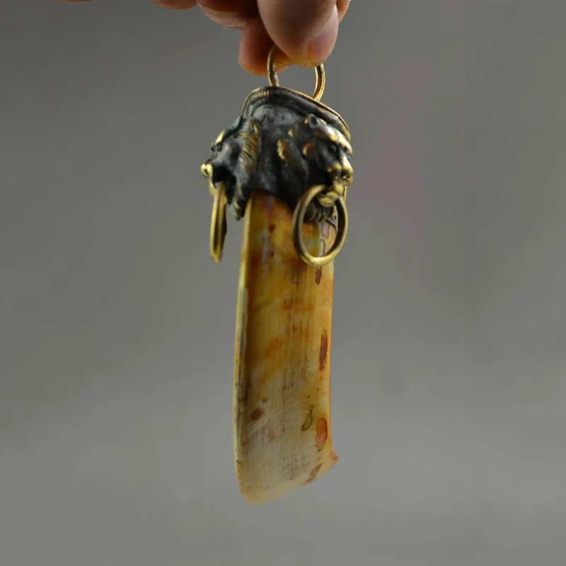 Chinese Handwork Collection Artificial Boar\'s Tooth & Copper Carving Lion Statue Pendant