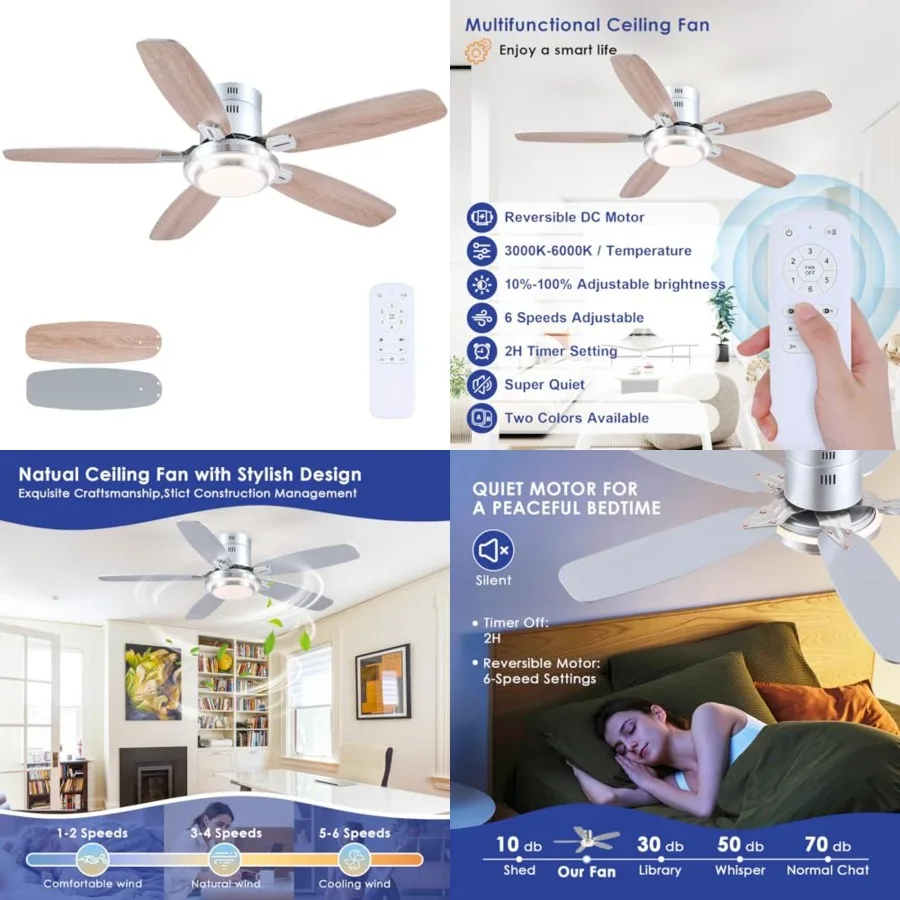 Low Profile Ceiling Fans with Lights and Remote, Modern Brushed Nickel Flush Mount Ceiling Fan, 3CCT, Dimmable, Quiet DC Revers
