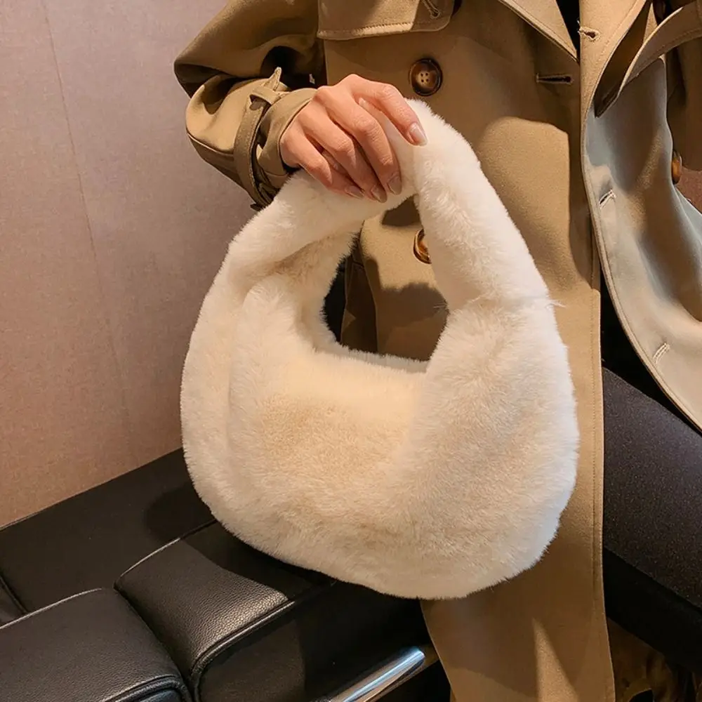 Solid Color Plush Dumpling Bag Korean Style Niche Design Faux Rabbit Fur Handbag Tote Bag Handbag Small Phone Bag Outdoor