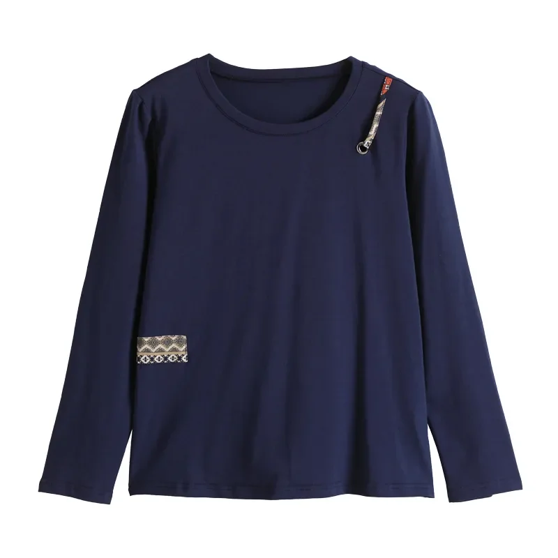 Womens Navy Blue Long Sleeve Crew Neck Top with Decorative Strap Detail