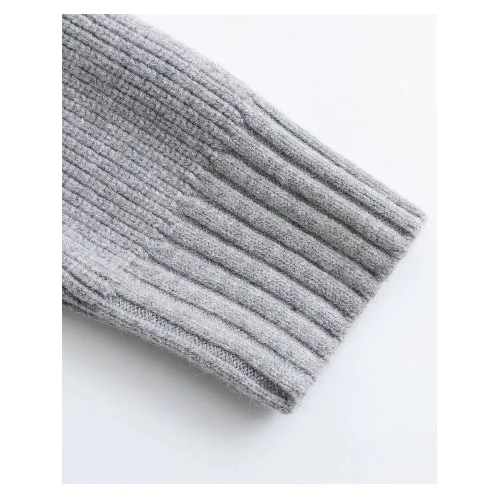 Autumn and Winter Dark Grey Knit Cardigan Double End Zipper Short Top Turndown Collar Coat Women Slim Warm Fashion Knitwear
