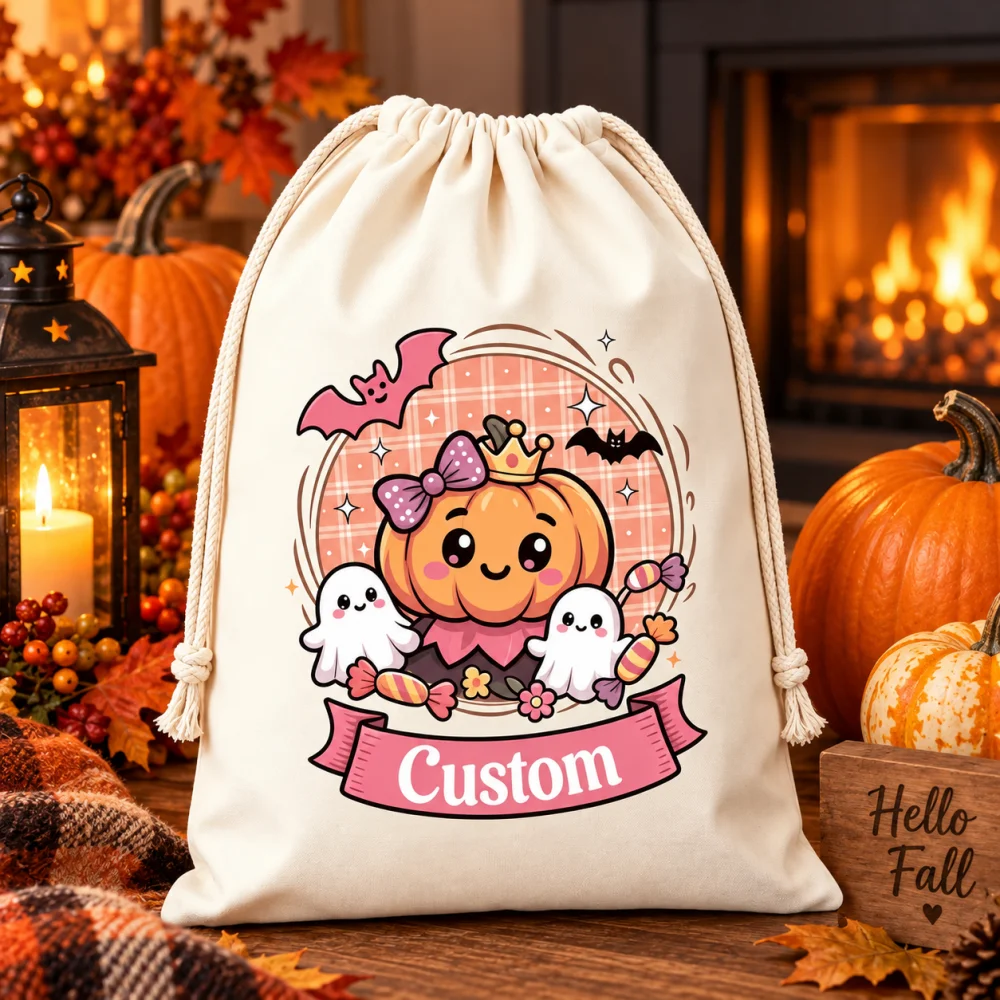 1Pc Custom Name/Text Halloween Imitation Hemp Gift Bag, Pumpkin Pattern Drawstring Closure Storage Bags, Party Candy Bag