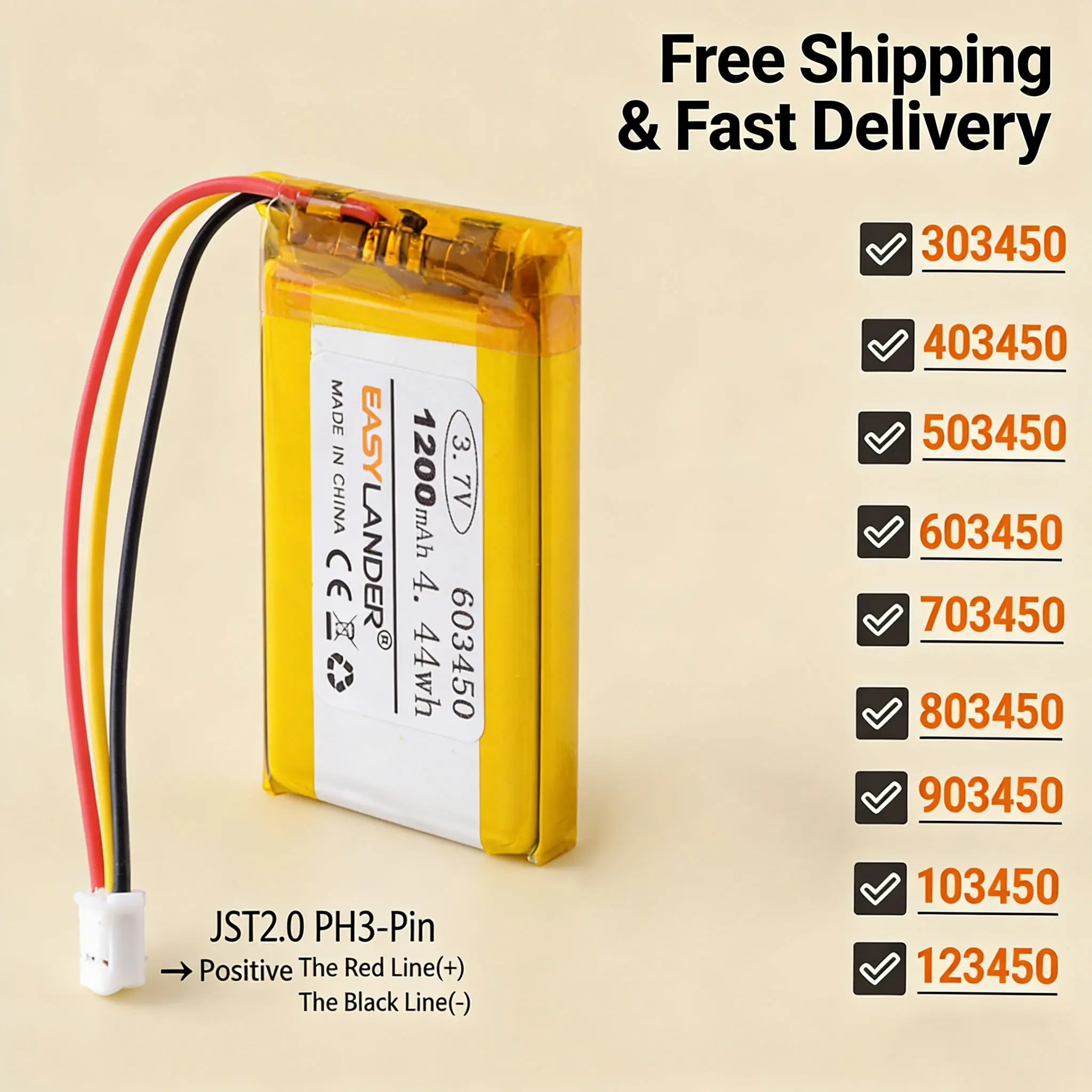 

JST2.0mm 3Pin 3.7V 700mAh 403450 Lithium LiPo Polymer Battery 303450 503450 603450 703450 803450 903450 103450 123450