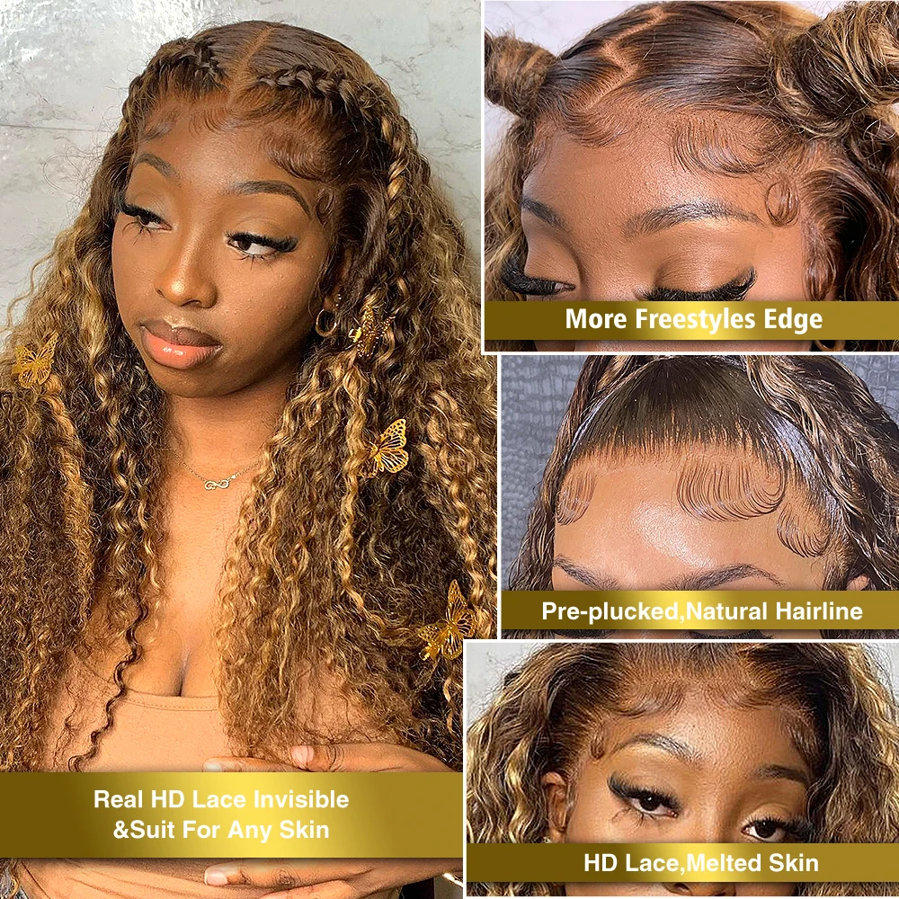

Curly Honey Blonde Wig Human Hair 30 In 13x4 13x6 Highlight Lace Front Wigs Deep Wave Highlight Human Hair Wigs 180% Density