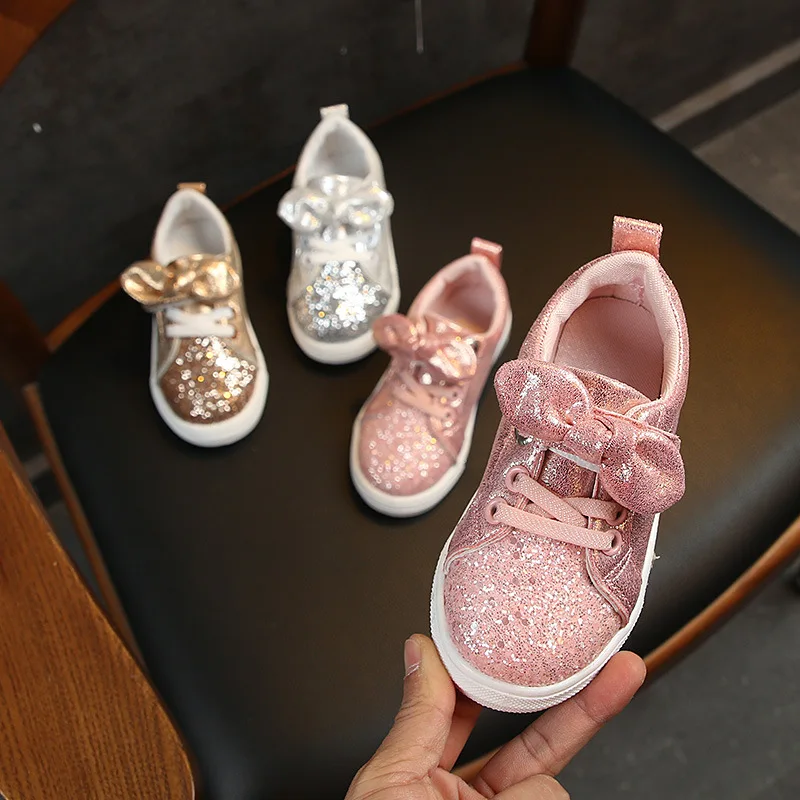 2020 Spring Autumn Girls Shoes Baby Sneakers Children Casual Shoes Fashion Bow-knot Glitter Leather Non-slip Flat Princess Shoes