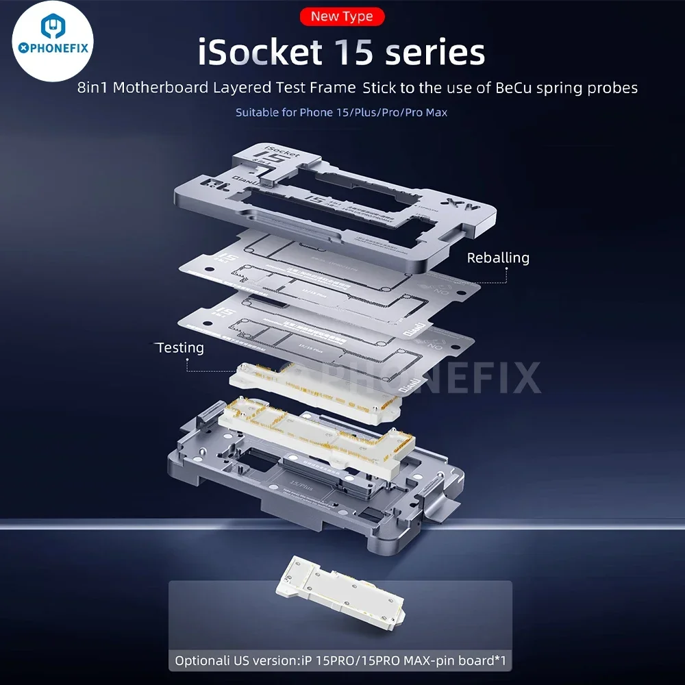 

QianLi ISocket 8 in 1 Motherboard Layered Test Fixture for IPhone 15 Series Logic Board Function Diagnostic Tools