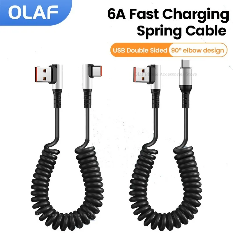 Olaf 6A Fast Charging USB C To Type C Cable 90 Degree For Iphone Xiaomi Huawei Spring Telescopic USB To Type C Charging Cord