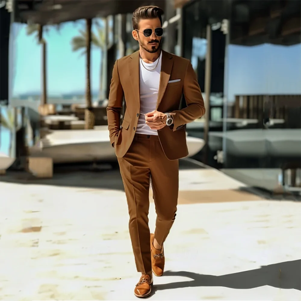 

Men's Casual Suits Brown Solid Colored 2 Piece Daily WorkWear Standard Fit Single Breasted Wedding Party Tuxedos Costume Homme