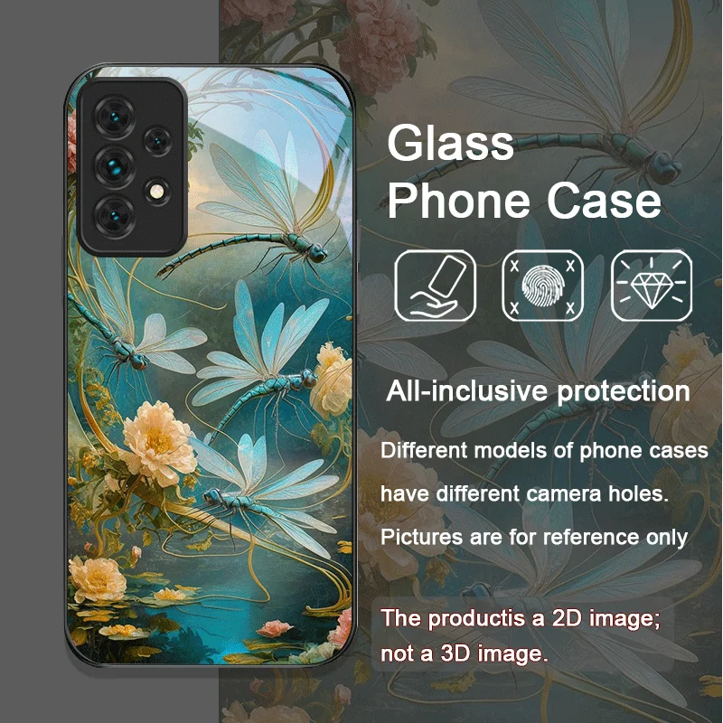 Vintage Dragonflies Floral Pattern Tempered Glass Phone Case for Samsung Galaxy A06 A72 A55 A54 A53 A52 A36 A15 A14 A13 5G Cover