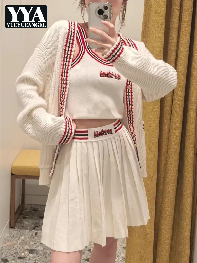 

Autumn Sweet Fashion Women Knitted Cardigan Vest Pleated Skirt Matching Set Outfit Preppy Style Ladies Casual Three Piece Sets