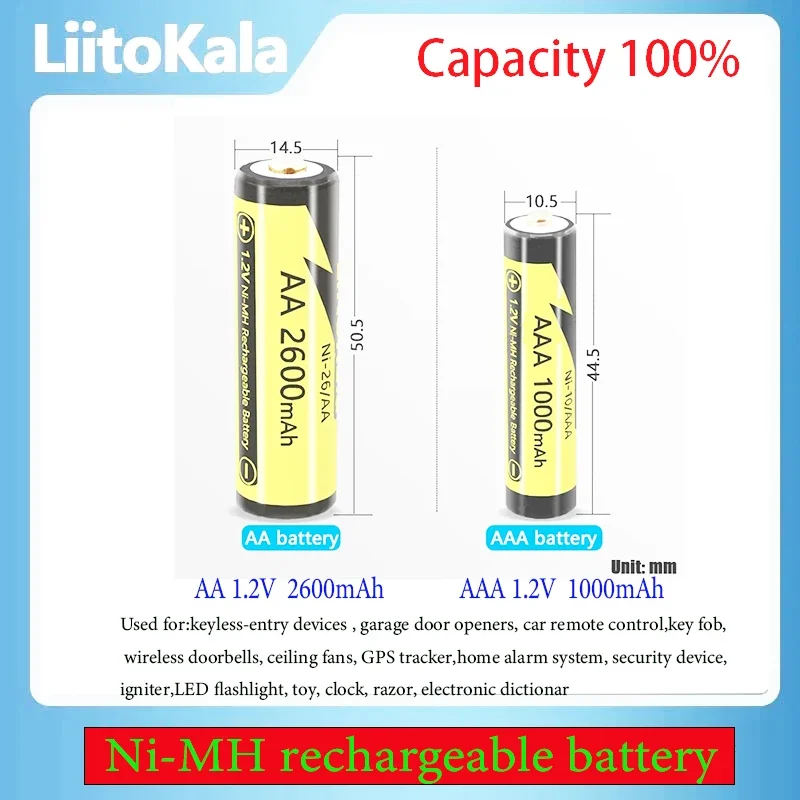 1.2V 1000mAh LiitoKala Ni-10/AAA  nickel hydrogen Ni-26/AAA 1.2V 2600mAh rechargeable battery,  for flashlights, remote controls