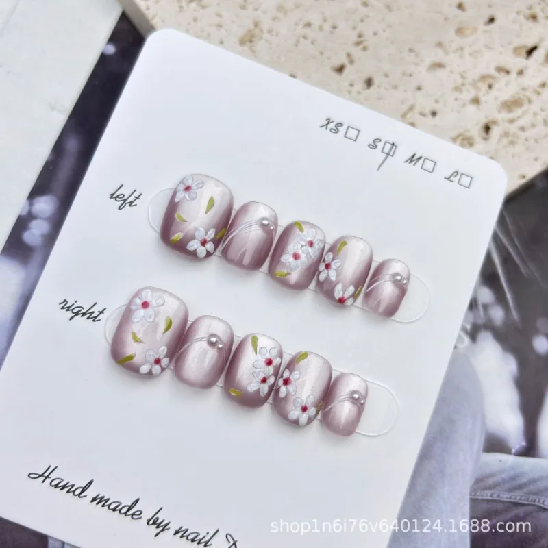 10pcs Handmade น่ารักกดบนเล็บสําหรับสาวสแควร์สั้นเล็บปลอมออกแบบเกาหลีแฟชั่นเล็บเคล็ดลับที่ถอดออกได้ 2025