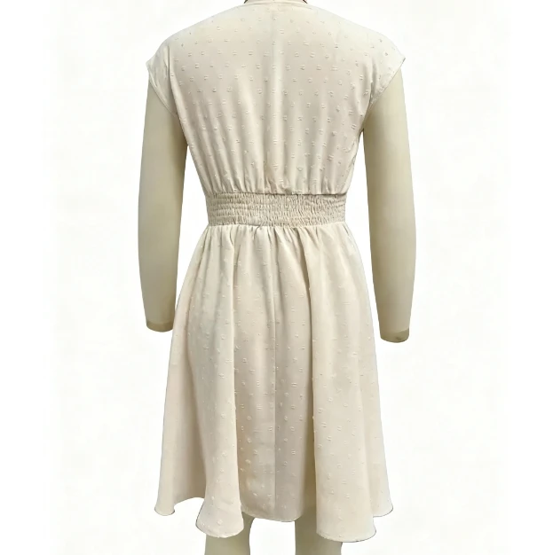 Women's Sleeveless Lace Trim V - Neck Mini Dress Smocked Waist and Textured Fabric  A-line Skirt