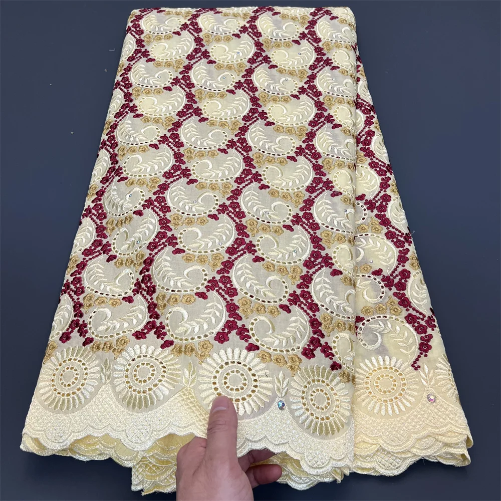 

2025 African Nigerian Tulle Lace Fabric for Dress Sewing High Quality Damask Cotton Pure Embroidery Wedding Party hz1364 5Yard
