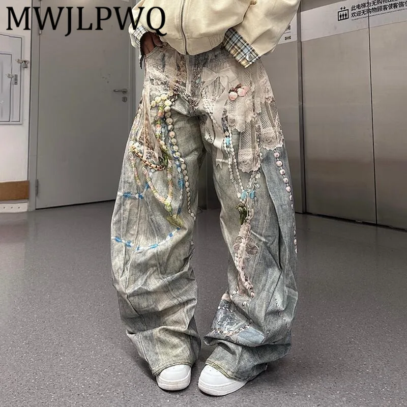 

MWJLPWQ Unique Lace Chain Printed Jeans Men's High Street Unisex Versatile Loose Fit Machete Wide Leg Pants 2025 Autumn 12443