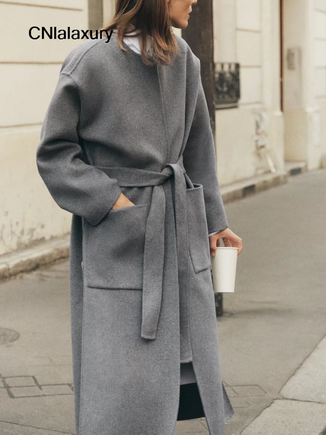 2024 New Autumn Winter Wool Coat Women O-Neck Woolen Coat Female Casual Gray Wool Coat Long Sleeve With Belt Long Overcoat