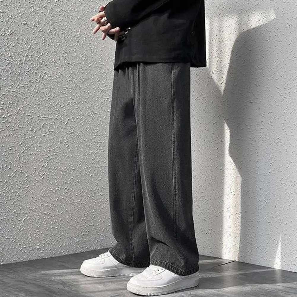 Men Jeans, Wide Leg Pants, Baggy Trouser, Korean Fashion Loose Retro Straight Long Pants, Washed Denim Blend Casual Streetwear