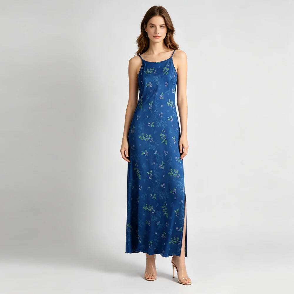 Women's Fashion Summer New 100% Natural Mulberry Silk Weaving Gold Fragrant Cloud Yarn Slant Cutting Slimming Split Party Dress