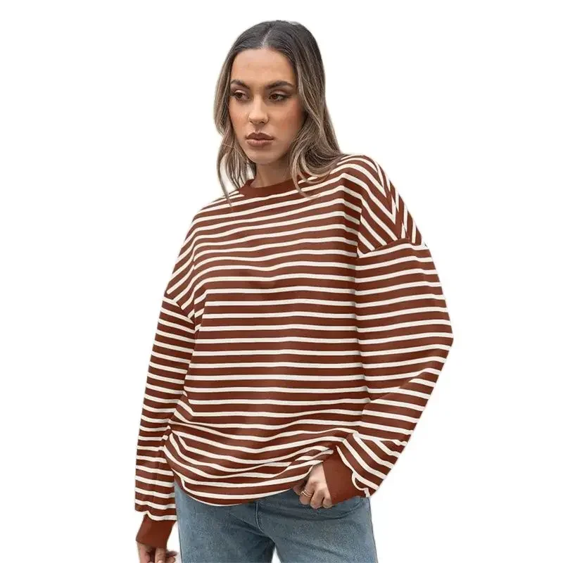 

Autumn Winter Lantern Long Sleeve Sweatshirt Women Colour Blocking Stripe O Neck Hoodie Female Comfortable Casual Commuter Tops