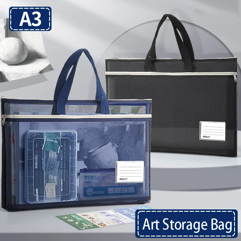 

A3 Large Capacity Mesh Art Bag Large 8k Sketch Drawing Album A4 Test Paper Bag Zip Handbag Shoulder Bag Nylon Mesh School