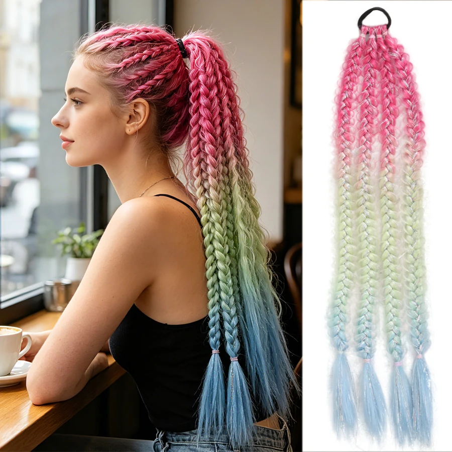 24 Inch Multi-Colored Braided Synthetic Hair with Colorful Metal Wire Elegant Tail Braid for Roleplay Parties 1 Piece