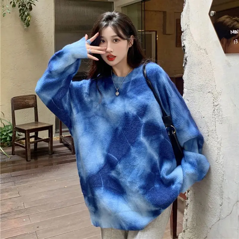 Tie-Dye Pullover Sweatshirt Lazy Style Women 2024 Autumn Winter New Loose Versatile Mid-Length Long-Sleeved Top