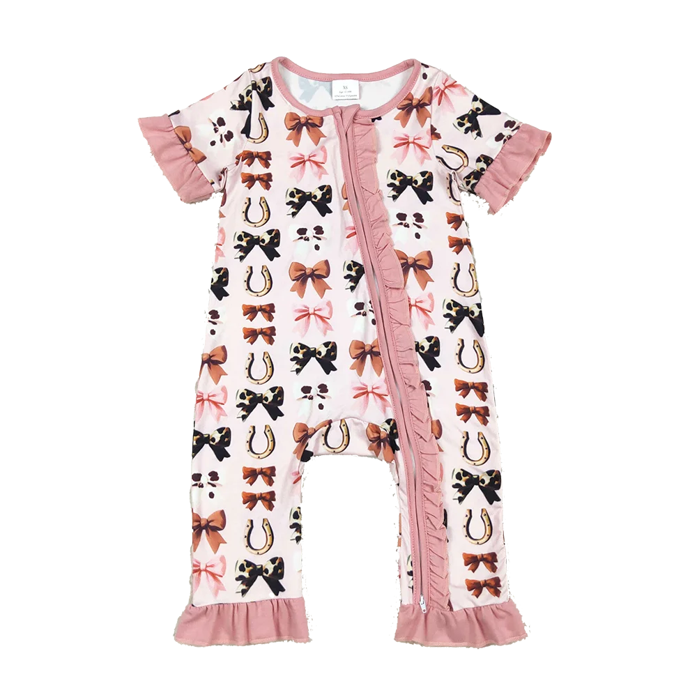 

Baby Girls Pink Western Bows Horse Shoes Zipper Rompers