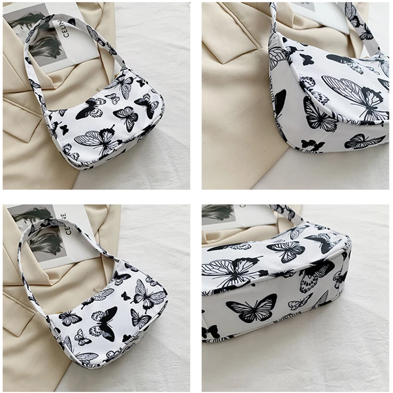 Sac à main en nylon imprimé animal pour femme, petit sac à main décontracté, papillon, léopard, zèbre, vache, sacs sous les bras pour femme, initié