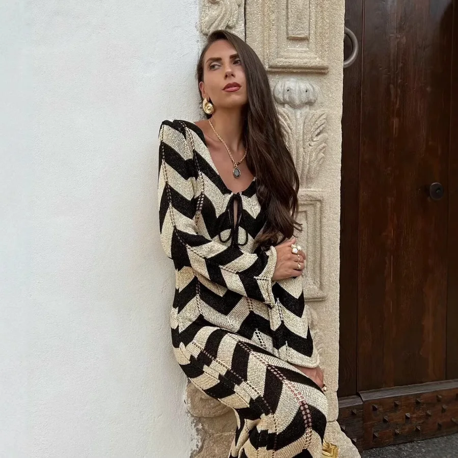 Women's Tie Front Wave Print Long Sleeve Midi Dress Dresses Spring Summer Casual Flowy Tops