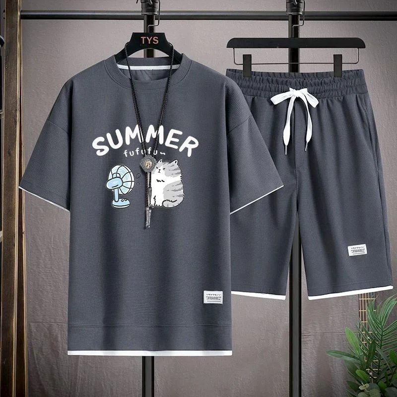 

Cool ort Sve Sportswear Set for Men Trendy Brand Youth Polyester Fiber Five-Quarter Pants Summer Casual Faion T-irt