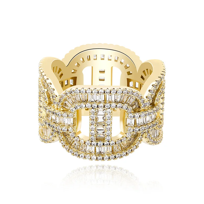 Iced Out Hollow Cuban Link Chain Ring Gold Plated Cubic Zirconia Hip Hop Chunky Statement Rap Stage Fashion Jewelry Wholesale