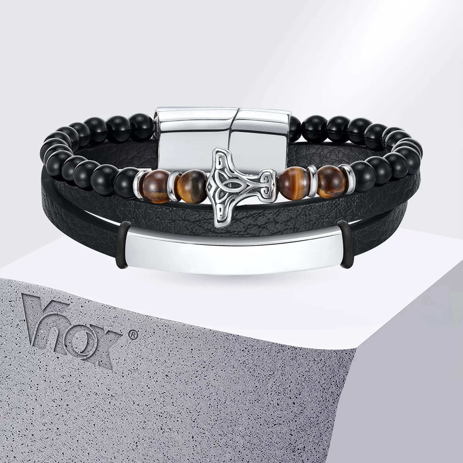 Vnox Viking Thunder Hammer Leather Bracelet for Men Boys, Stainless Steel Full Light Curved Metal Bar Tiger Eye Stone Wristband