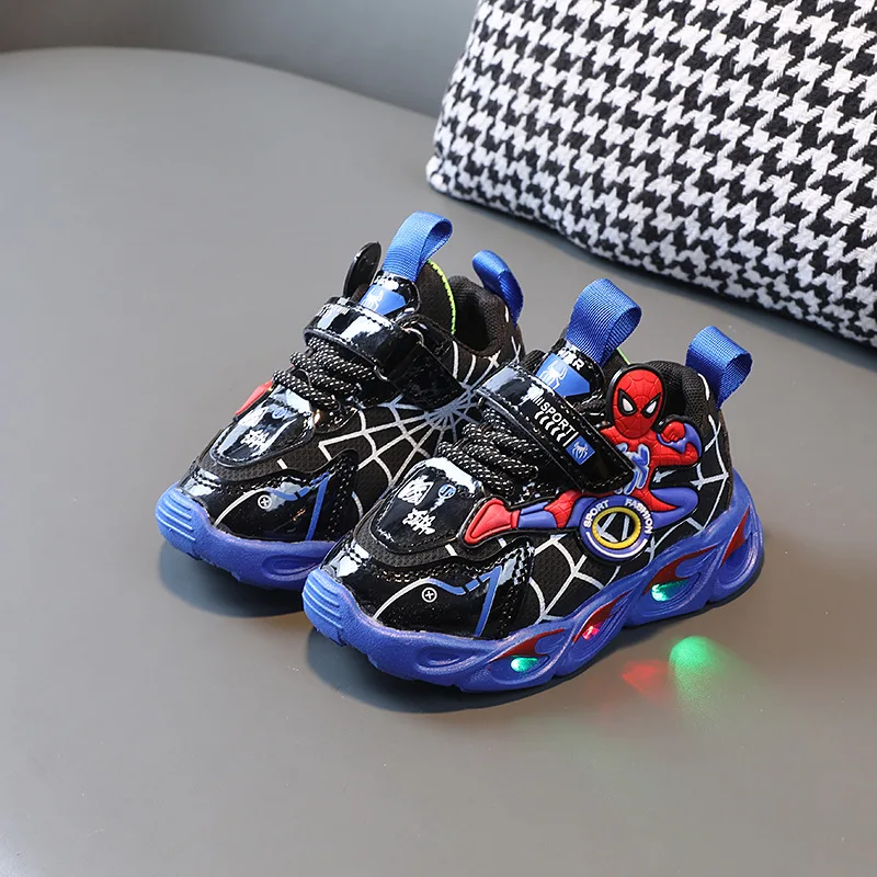 Disney LED Casual Sneakers Red Blue For Spring Boys Spiderman Mesh Outdoor Shoes Children Lighted Non-slip Shoes Size 21-30