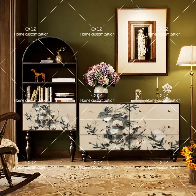 Medieval Style Ink Painting Flower Pattern 6 Drawer Chest Cabinet Living Room Storage Entryway Decorative Bookcase Vertical