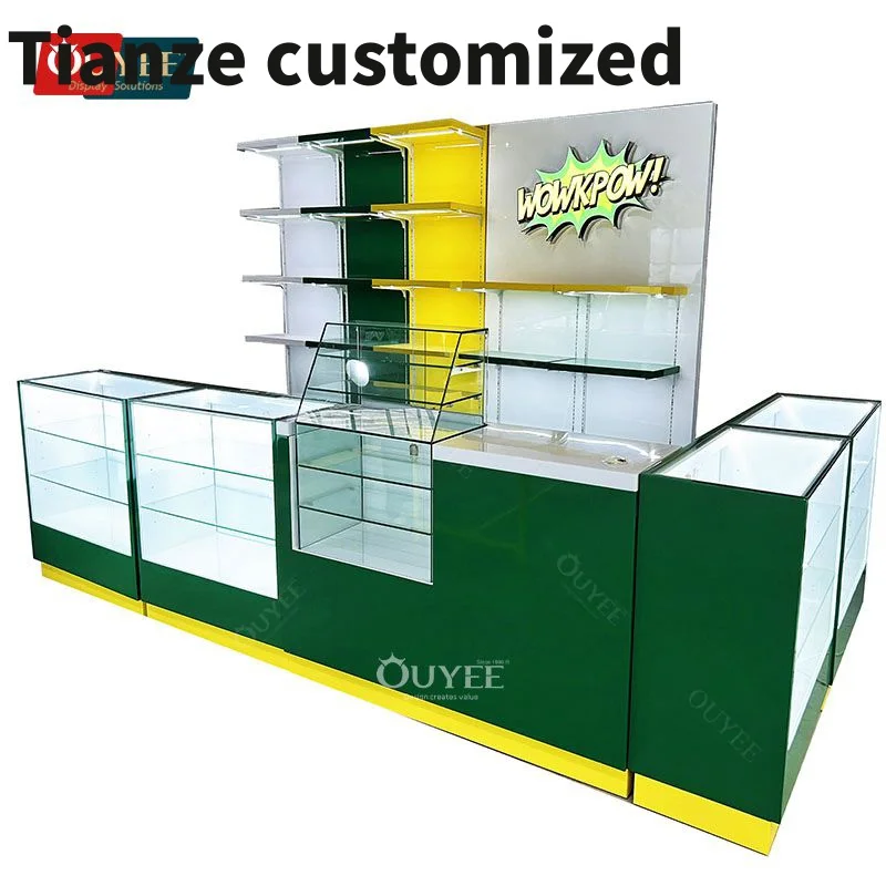 

Customized-High Quality Smoke Shop Display Cabinet Wheels Led Glass Shelf Cabinet Racks Smoke Shop Display Hookah