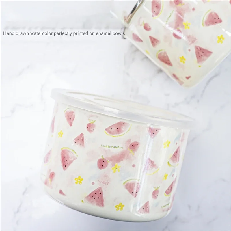 Enamel Storage Box Cute Hand-painted Fruit Box Enamel Sealed Jar 2 Pcs 1.7L Large Capacity Preservation Box Ice Bowl with Lid