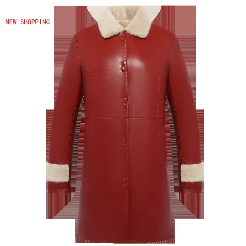 Winter Coats Long Leather Jackets Women Fur Collar PU Leather Parkas Womans Plus Velvet Motorcycle Jacket 5XL Red Xmas Outerwear