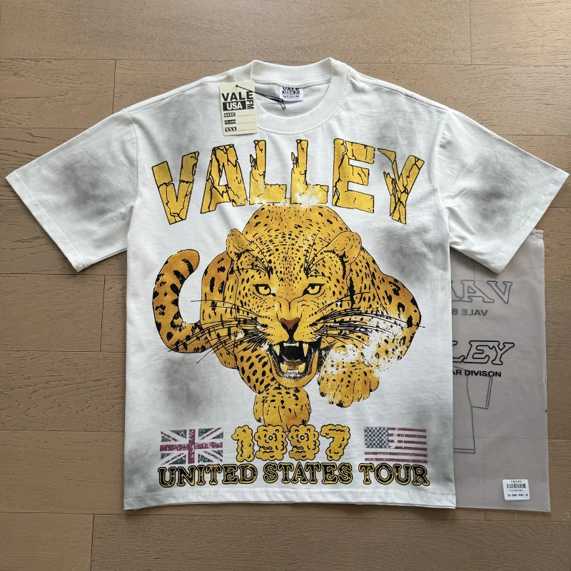 American Style Vale Valley Trendy Brand Tiger Print Washed out Loose Heavyweight Pure Cotton Short Sleeve T-Shirt Casual Stre...
