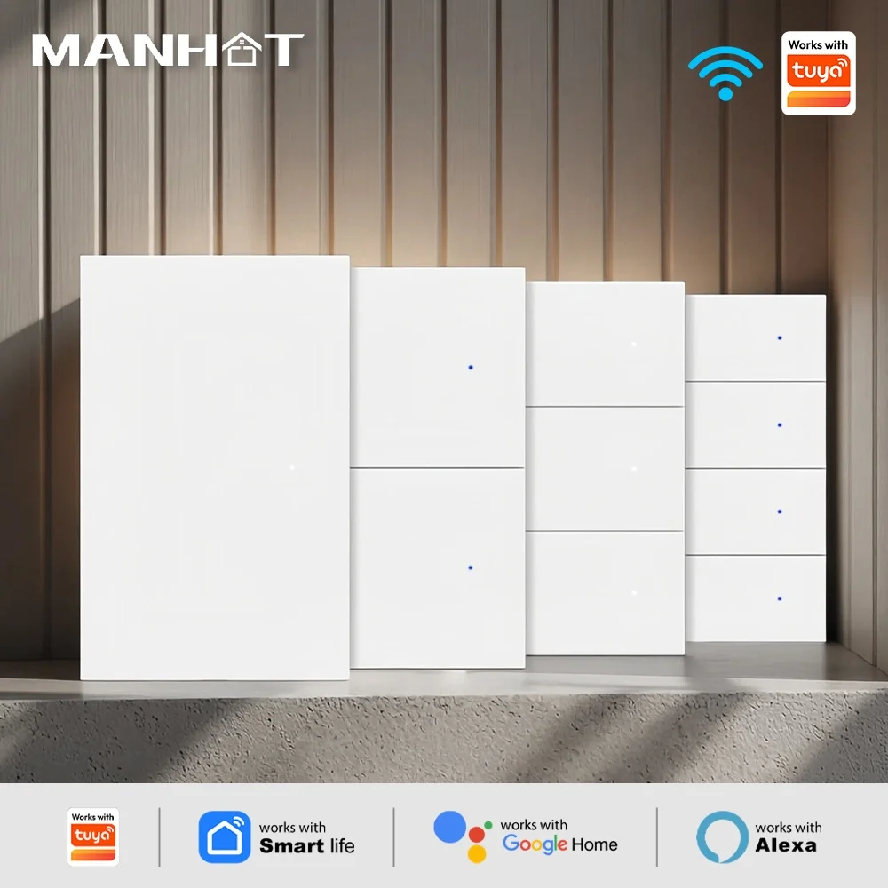 Manhot WIFI Wall Light Switch 1 2 3 4 Gang Neutral Wire Required US Push Button Physical Switch Work With Tuya Alexa Google Home