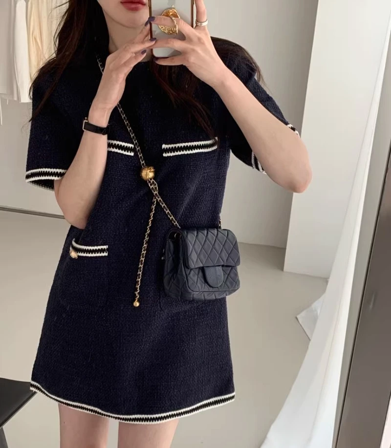 Short Sleeve Vestidos De Verano Mujer 2024 Loose Contrast Vintage Round Neck Tweed Dress Mini Thick Retro Chic Dresses