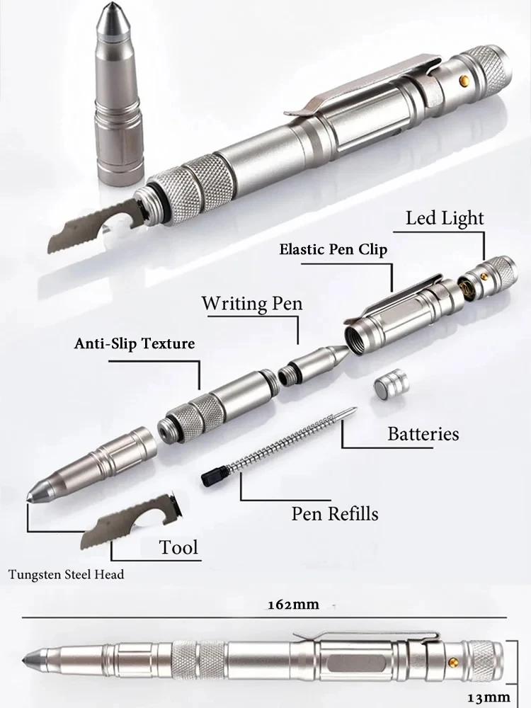 Pena Taktis Baja Tungsten Alat Pelindung Keamanan Pemecah Kaca Darurat Senter LED Alat EDC Berkemah Luar Ruangan untuk Bertahan Hidup