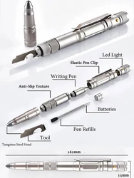 Caneta tática de autodefesa, caneta protetora de aço de tungstênio, quebra-vidros de emergência, lanterna LED, ferramenta de sobrevivência ao ar livre, caneta de escrita