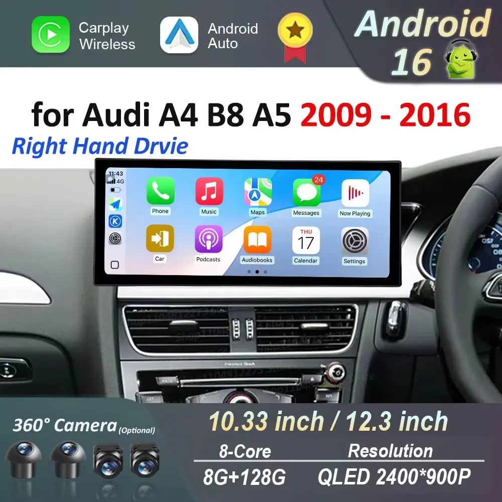 Auto-Video-Multimedia-Player Rechtslenker für Audi A4 B8 A5 2009 - 2016 Android 16 GPS-Navigation WiFi QLED-Bildschirm 4G DSP Stereo