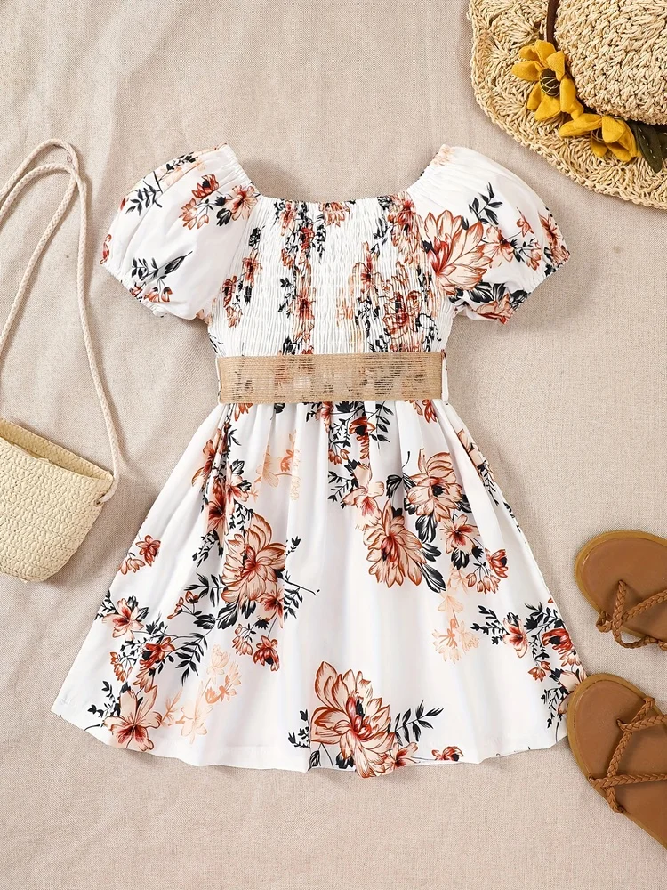 Girls summer new romantic pastoral vacation bubble sleeve retro dress