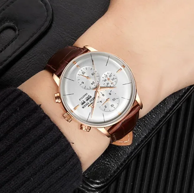 Męski zegarek automatyczny Reef Tiger 42MM, samonakręcający się, mechaniczny zegarek na rękę, wielo-funkcyjna tarcza, miesiąc, tydzień, data, szkło szafirowe typu bubble.