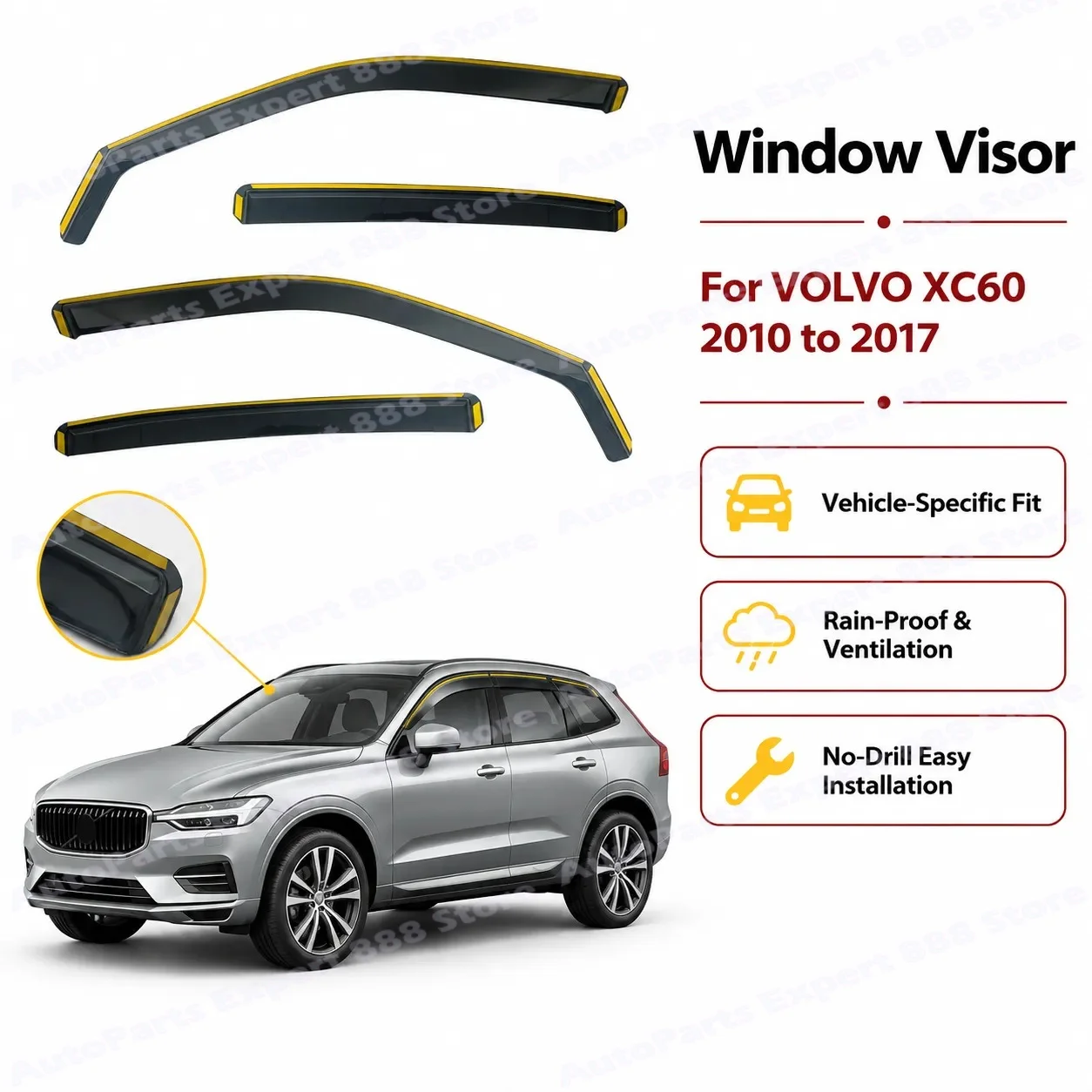 IN CHANNEL WIND DEFLECTOR for VOLVO XC60 2010-2017 RAIN GUARD IN CHANNEL WINDOW DEFLECTOR Durable Weatherproof