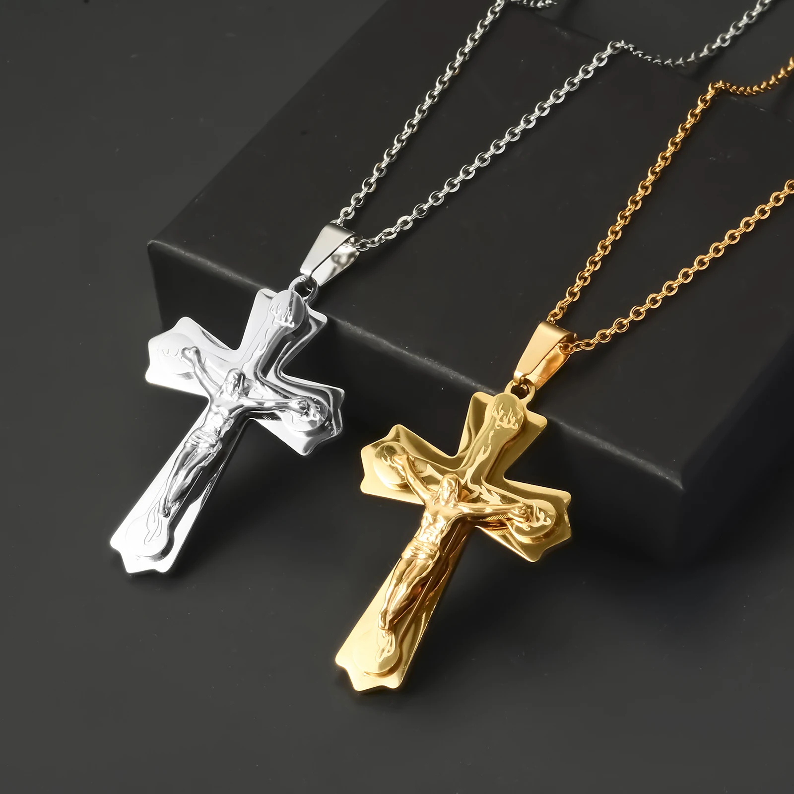 ﻿ Religion Jesus Crucifix Cross Stainless Steel Saint St St. Benedict Crucifix Cross Pendant Necklaces For Men Christmas Gift