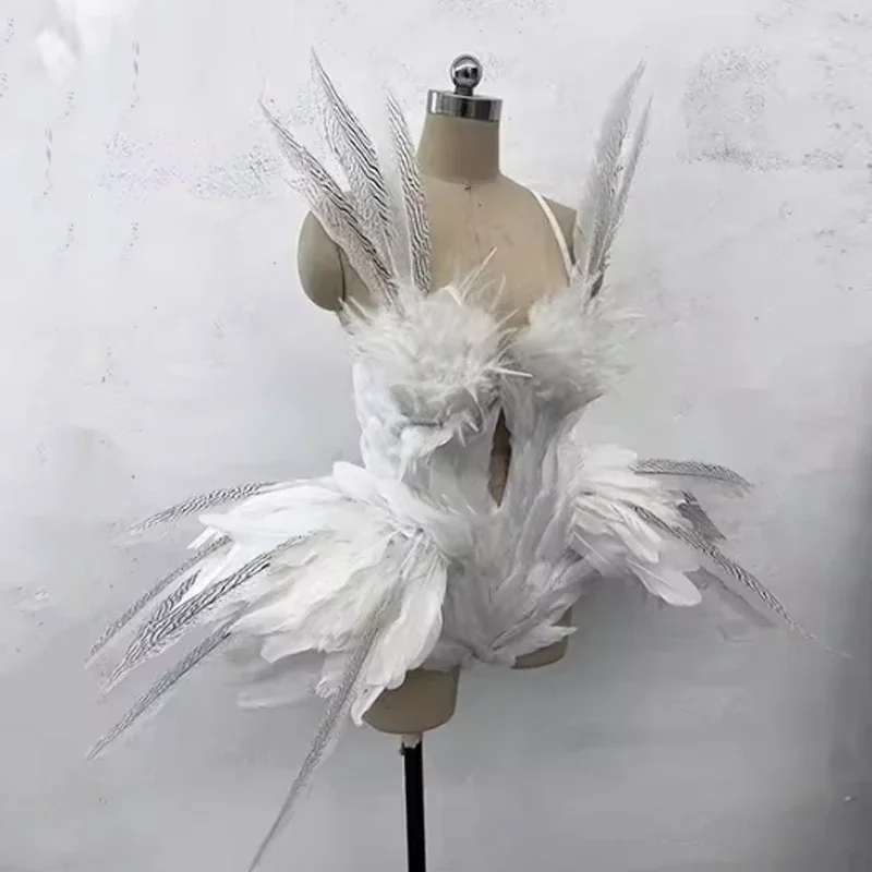 Show Girl Outfit   Sexy Feather Dress Stage Costume Evening Party Dresses Singer Dancer Performance Wear Drag Queen Clothing Fes