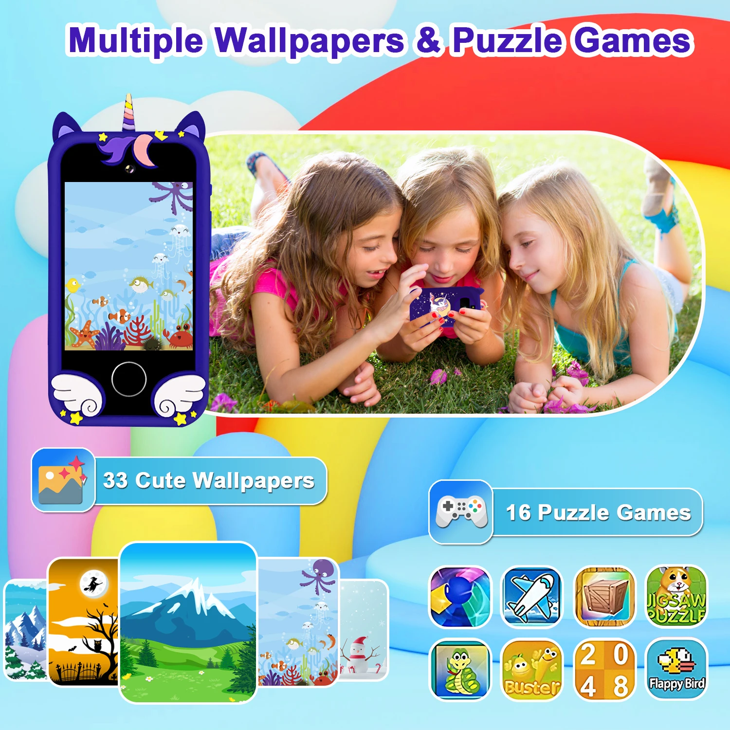 Operação com tela sensível ao toque para telefone infantil, câmera de 48 MP, suporta gravação de vídeo HD 1080P Equipado com uma placa de memória de 64 GB e leitor de cartão