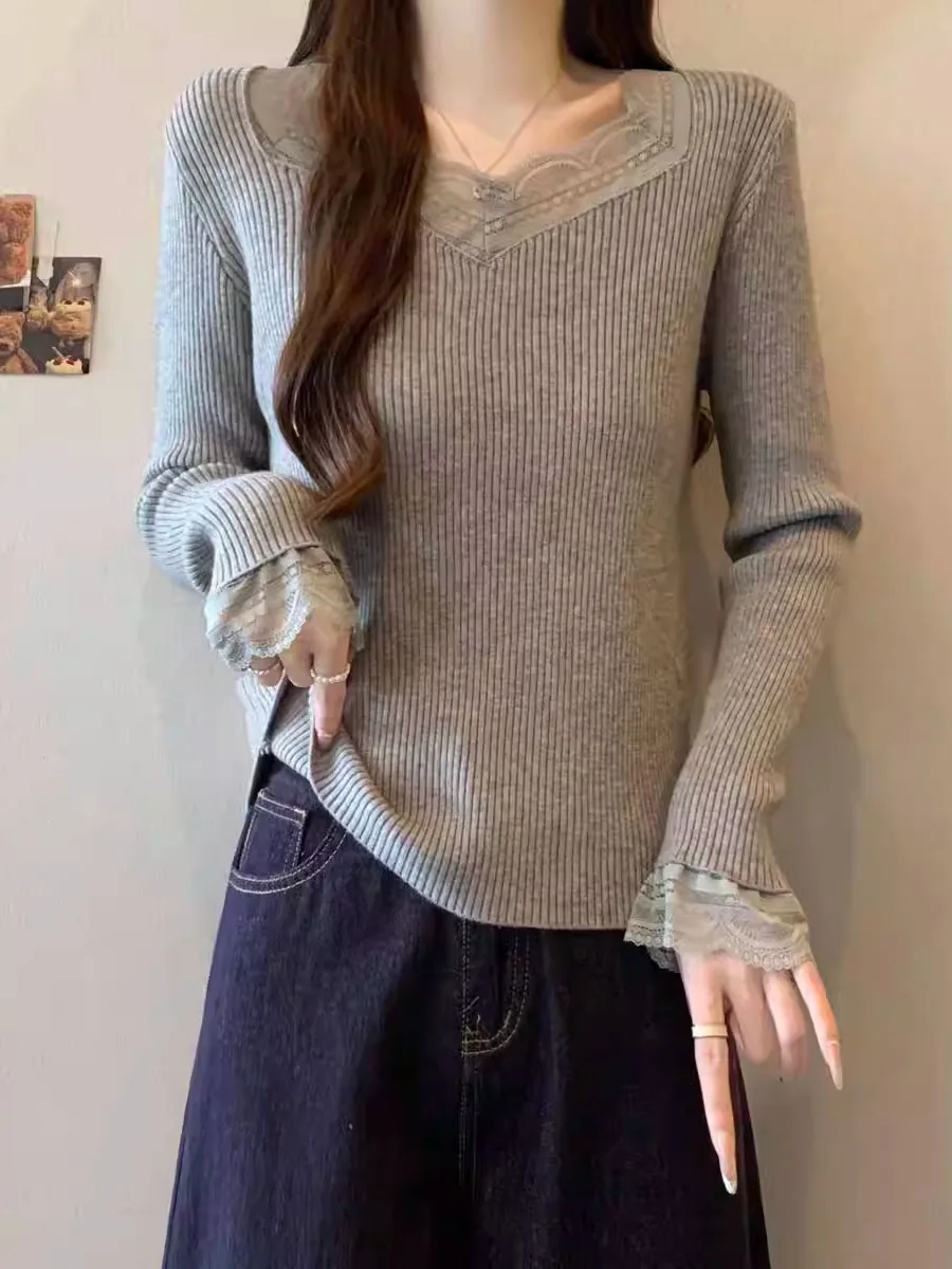 

Lace Splice V-Ne Long Sve Knitted Base irt ort T-irt Women Autumn Winter plus Size Fat MM High-End Feeling Inner W...